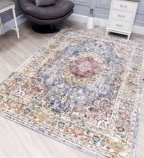 Grey Vintage Rugs Medallion Faded Old Style Large Modern Patterned Floor Rugs