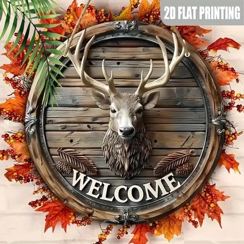 Welcome deer head round metal - head,