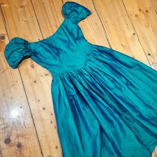 OOAK Vintage 1980s Green Blue Metallic RAW SILK Ballgown Evening Dress Size 12