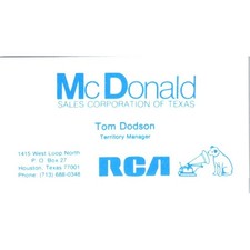 Tom Dodson McDonald Sales Corp Houston TX Vintage Business Card SD8-B5