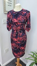 BNWOT Stunning Navy Coral Silk Blend Ruched Midi Dress Size 8 Ruched (D60)