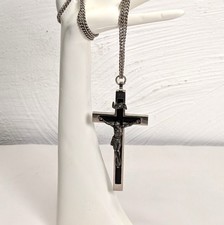 Vintage Pectoral Crucifix Cross on Chain White Metal and Ebony Priest or Nun