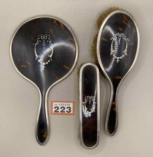 Antique 1920s Three piece Sterling Silver Tortoiseshell Dressing Table Set