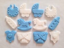 12 EDIBLE BLUE & WHITE BABY BOY SUGAR CAKE TOPPERS - BABY SHOWER / CHRISTENING