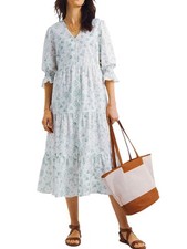 JD Williams Long Dress GREEN  Floral Dobby Button Through Puff Sleeve 10 to 28