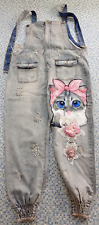 Pussy Cat Kitten Beaded Diamante Denim Dungarees Boilersuit Jumpsuit Size 10-14