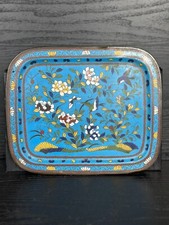 Vintage Cloisonné-Style Blue Enamel Tin Tray – Floral & Bird Design – Decorative