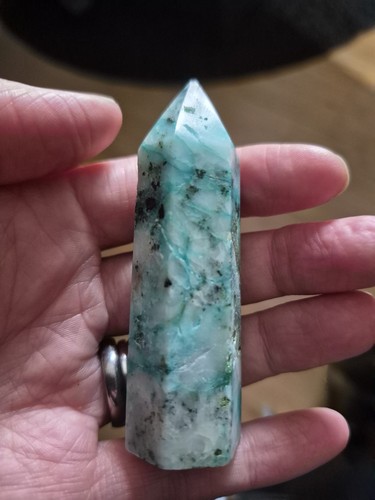 Chrysocolla quartz tower - in,