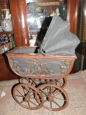Middle of 20th century vintage dolls Brown Wicker pram With Hoodie