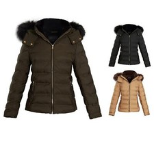 Ladies Quilted Faux Fur Hood Hooded Padded Winter Jacket Coat