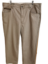 Mens Orvis Trousers Size 42 x 29 100% Cotton Leather Trim Trout Fly Pattern