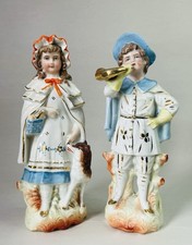 Antique 19th Century German Porcelain Boy & Girl Pair Red Riding Hood Figurines