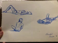 3 blue ink sketches, of people
