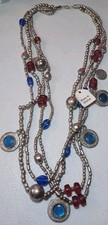 Vtg Bohemian Bead Made n India Poured Glass Trade Nickel Necklace Multi 4 Strand