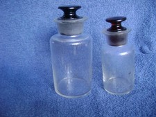 antique TWO GLASS MEDICINE CHEMIST APOTHECARY BOTTLES JARS  AMBER COLOUR STOPPER