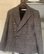 ZARA DOGTOOTH WOMAN DOUBLE BREASTED GINGHAM PLAID CHECK JACKET BLACK WHITE  XL