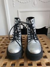 Zara Silver Chunky Girls Combat Boots, Size UK 2 EU 32 Childs Zip Up