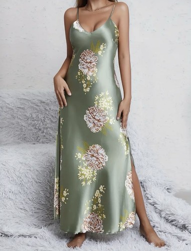 Satin green floral long - satin,