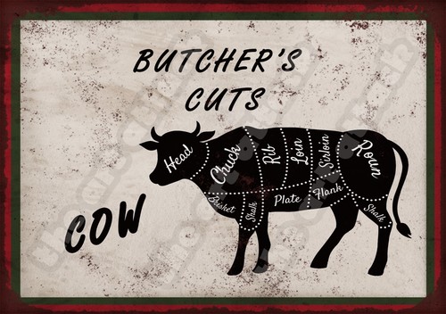 Butchers cuts metal wall - (cow),