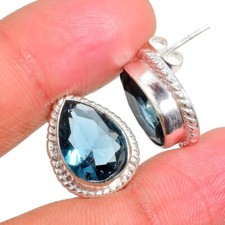 London Blue Topaz Gemstone 925 Sterling Silver Jewelry Stud Earring Sz 0.75"