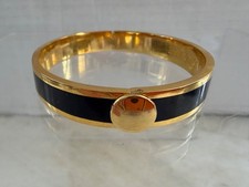 HALCYON DAYS Gold Tone Black Enamel Hinged Bangle Bracelet 7 1/4"
