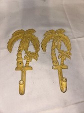 Palm Tree Cast Iron Wall Hooks 8 Inch (Set of 2) Pastel Yellow Distressed B15