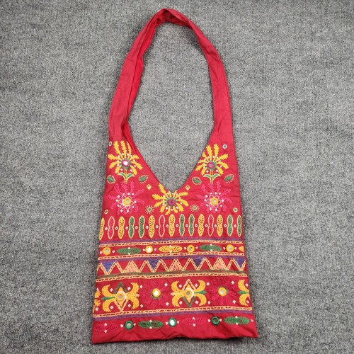 Red cotton embroidered mirror - red,
