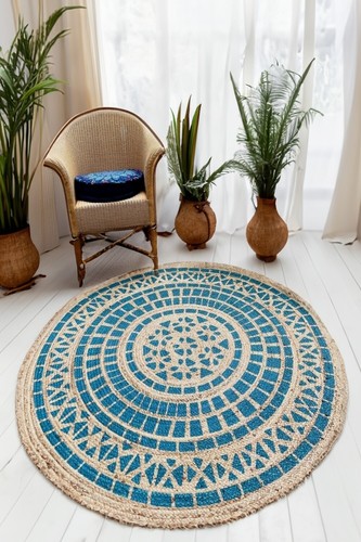 Round rug turquoise blockprint - round,