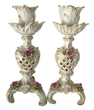 Vintage Pair of Von Schierholz German Ornate Porcelain Candlesticks  H 7.25"