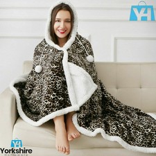 Leopard Skin Hooded Double Throw Blanket Snuggle Sherpa Fleece Luxury Lounging