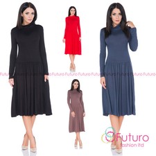 Ladies Formal Long Sleeve Cowl Neck Tea Length A-Line Skater Office Dress FM32