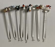 Vintage Murano Glass Hand Made Cocktail Sticks X8 Animals Birds 9cm Length