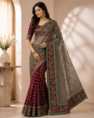 Embroidered net saree wine - net,