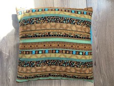 Handmade Gold Blue Brown Aztec Stripe Geometric Mosaic Cushion Pillow 36x34cm