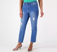 Susan Graver Petite Straight Leg Distressed Ankle Jean MedWash 2P A566573