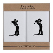 Golfer Handkerchiefs 2 Mens White Cotton Embroidered Hankies Boxed MANDITTIONS