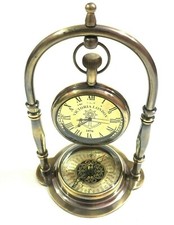 Antique Nautical Victorian London Brass Table Top Decor Clock with Compass