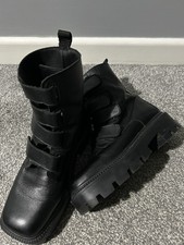 Office Soft Leather Chunky Boots 37 Black Goth Biker Emo Square Toe Punk Easyfit