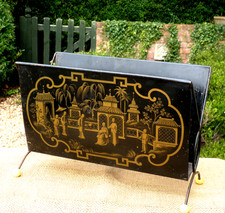 1950s  black metal Chinoiserie Magazine rack Atomic Toleware Vintage
