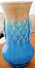BESWICK RARE ART DECO LARGE BLUE VASE 487 DIAMOND PATTERN & RIPPLE HANDLES 19CM