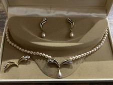 Vintage Lotus Gold Plated 925 Silver Pearl  Necklace, Earrings & Brooch Set