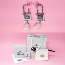 Vivienne Westwood Earrings Silver Plated White Orb Padlock Dangles Gift Box Set
