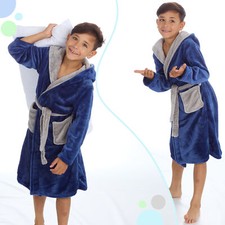 CLEARANCE Kids Boys Hooded Dressing Gown Navy Bathrobe Fleece 7 8 9 10 11 12 13