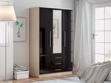 Large Combi 3 Door Mirrored Fitment Wardrobe, 3 Drawers, in High Gloss Black