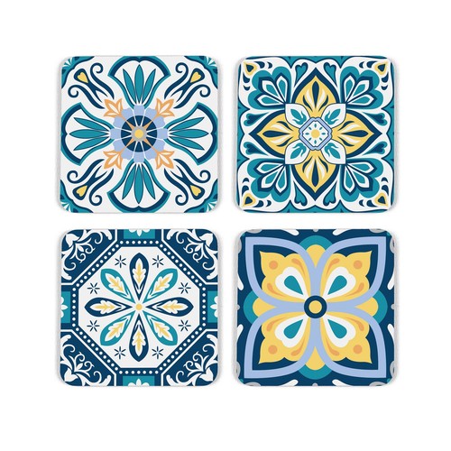 Greek tile coaster set - greek, blue