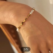 Vintage Style 18k Gold Plated & Pearl Bracelet. Waterproof & Non Tarnish. New UK