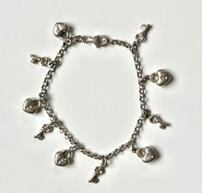 Sterling Silver 925 Round Link Charm Bracelet 7.5 Inch 19 cm Heart Lock & Key