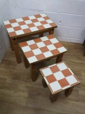 CORONA MEXICAN STYLE PINE & TILE TOPPED NEST OF 3 TABLES. CRACKED TILES