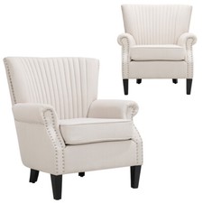 Beige Fabric Upholstered Wingback Armchair Fireside Lounge Single Sofa Couch UK