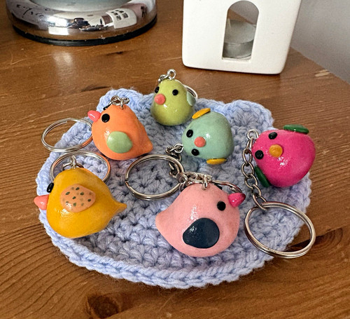 Polymer clay bird keyring - polymer,